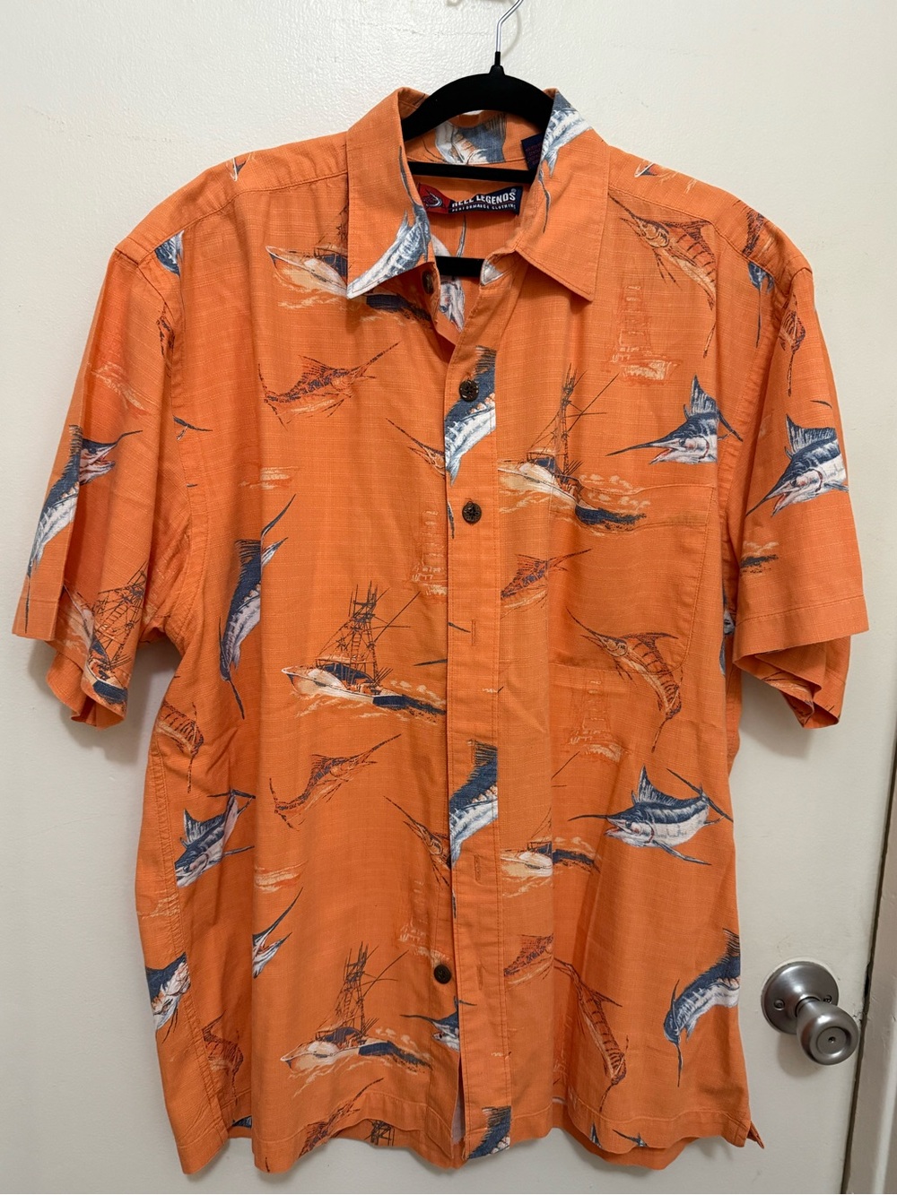 Reel Legends Orange Marlin & Boat Print Short Sleeve Shirt